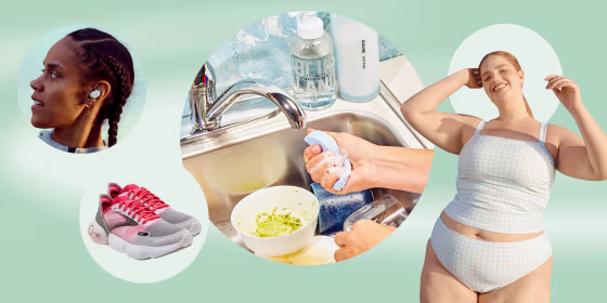 Illustration of a Woman wearing the new Target swimsuits, lifestyle of someone using the new Blueland products at home, woman wearing theJaybird Vista 2 headphones in blue, and the new Brooks Running Aurora-BL Sneakers