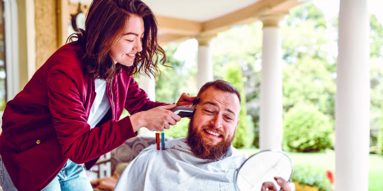 Male Afraid While Getting A Haircut By Female At Home