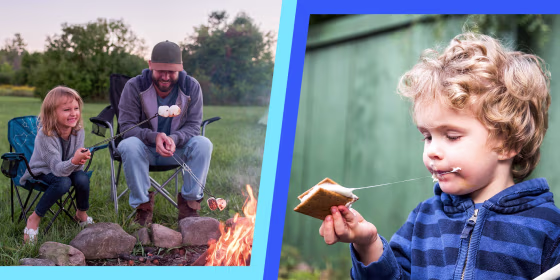 Young boy eating a smore outdoors and getting sticky and Father and daughter sitting beside campfire, toasting marshmallows over fire -