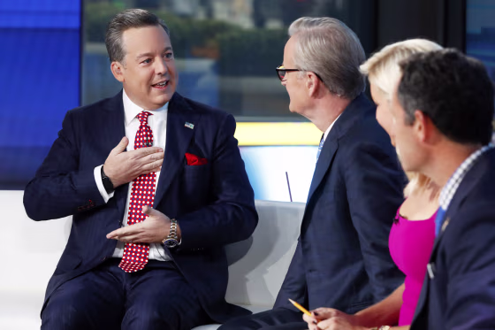 Fox News Chief National Correspondent Ed Henry, left, appears on \"Fox and Friends\" in New York on Sept. 6, 2019.