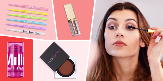 Young woman doing make-up while looking at the mirror in bathroom and four different beauty products popular on Tik-Tok