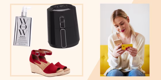 Illustration of Blonde woman using smartphone and using bank card at home, Colow Wow, red shoes and an air fryer
