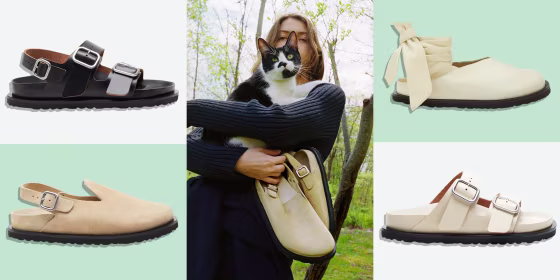Illustration of four different Birkenstock shoes designed by designer brand Jil Sander and a Woman holding a cat and a pair of the shoes