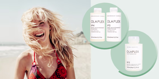 Portrait of cheerful woman on beach with bleach blond hair and three different Olaplex products. Hair restoration, healing and hydration is key for bleached hair. Olaplex, Ouai, Verb Purple and Moroccanoil products can help heal hair after bleaching.