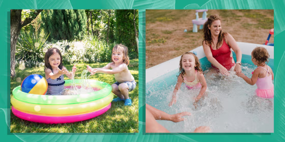 Two children having fun in inflatable swimming pool and Portrait of two happy girls in an inflatable swimming pool with parents
