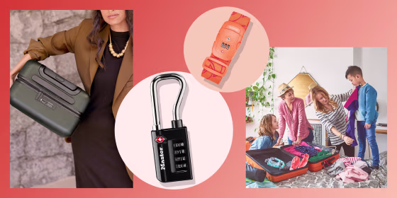 Illustration of a Woman holding an Away suitcase with a lock, a family packing a suitcase and two different types of luggage locks