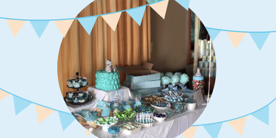 Illustration of a Baby shower table set up with gifts and food