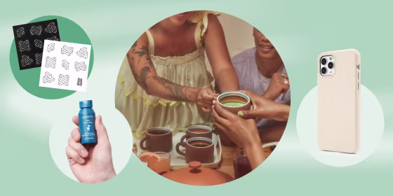 Illustration of CASTiFY compostable phone cases, a product from the new Harry's skincare collection, Mosquito Repellant Patches, and a woman holding the Our Place Full of Pride Mugs