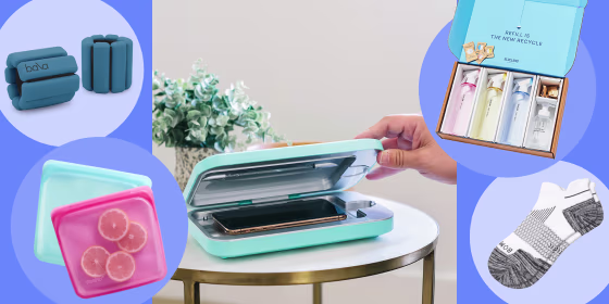 Illustration of someone using the PhoneSoap 3, Two Stasher bags, Blueland clean essentials, white Bombas socks and Bala Bangle weights