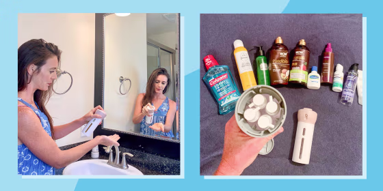 Image of Katie looking int he mirror using her 4-1 travel container and an image of products laying on a bed and a 4-1 travel container