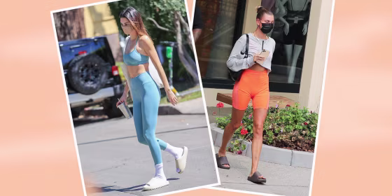 Kendall Jenner is seen on March 27, 2021 in Los Angeles, California and Hailey Bieber is seen on September 12, 2020 in Los Angeles, California