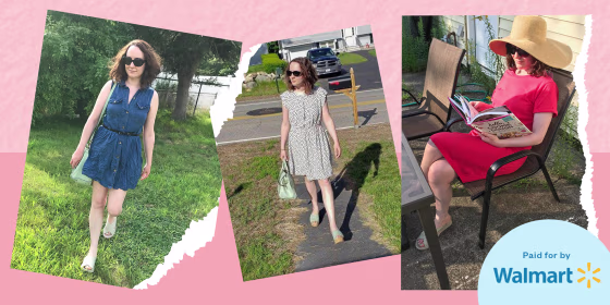 Illustration of Chrissy Callahan wearing three different styles of dresses from Walmart