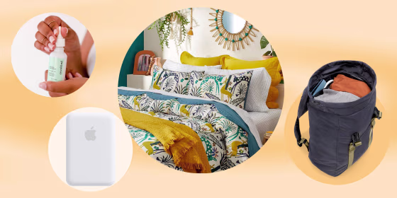 Illustration of a patterned bedding, Cocokind serum, the new Away Travel backpack and the Apple battery pack