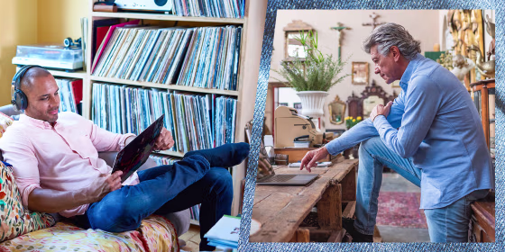 Illustration of a man at a shop wearing jeans and a blue shirt and a man sitting on his couch listening to music, in jeans