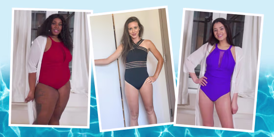Illustration of Katie Jackson wearing the Hilor one-peice bathing suit and two Women wearing different sizes in the Tempt Me One-Piece High Neck Ruched Swimsuit