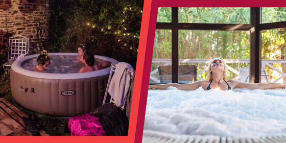 Illustration of three Women in an inflatable hot tub and a Woman relaxing in a hot tub