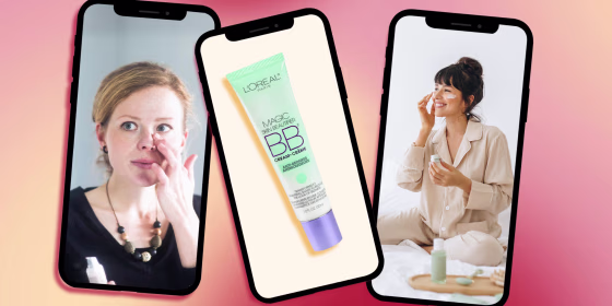 Illustration of three phones with images of two Woman putting on lotion and the L'Oreal BB cream