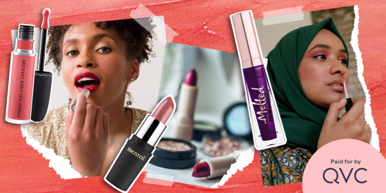 Illustration of two Woman putting on lipstick and lipgloss and three different types of lip product