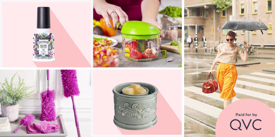 Illustration of a woman holding an umbrella outside while it is raining, Poo-Pourri spray, Perennial Fan Fragrance Warmer, 6-Piece Easy Reach Microfiber Duster Set by Campanelli in pink and the Kuhn Rikon 2-Cup Pull & Chop Food Chopper in green