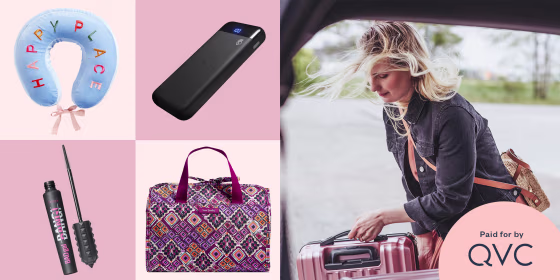 Illustration of a Woman loading a suitcase into her car and different products to take with you on vacation