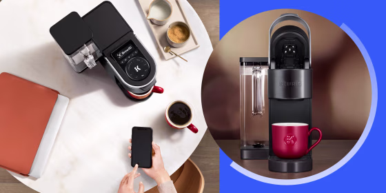 Overhead image of a Woman using her phone and her Keurig wifi and image of the new Keurig Wifi. Keurig's new K-Supreme Plus Smart coffee maker detects which K-Cup pod you are using and adjusts the brew settings for optimal strength and temperature.