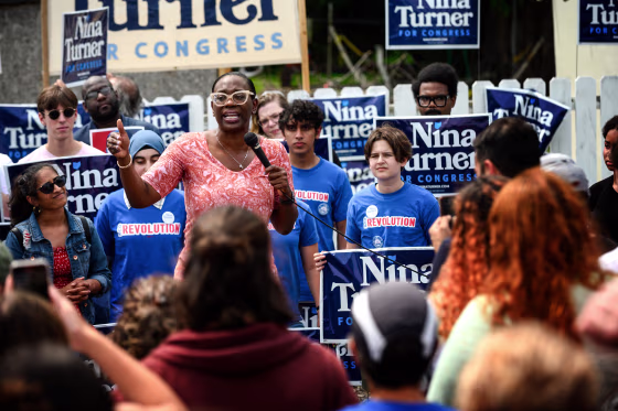 Image: Ohio Congressional Candidate Nina Turner speaks at a campaign stop on July 24, 2021 in Cleveland, Ohio.