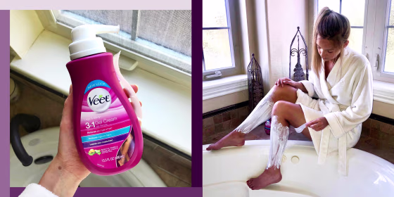 Writer Megan Foster holding a bottle of Veet hair remover and showing how she uses the product