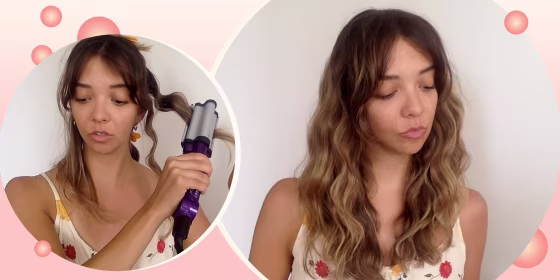 Illustration of Writer Cailey Rizzo using a beach waver tool and showing off her hair after