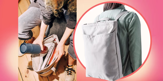 Illustration of a Woman wearing a backpack that converts to a tote bag from Ikea and a woman filling her Ikea tote bag