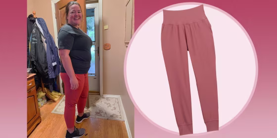 Image of Writer Megan duBois wearing Old Navy High-Waisted PowerSoft 7/8-Length Joggers and an image of the joggers