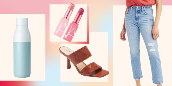 Illustration of a Woman wearing the Levi's 501(R) High Waist Straight Leg Jeans, Larq Water Bottle, Vince Camuto Candialia Sandal and NARS Afterglow Mini Lip Balm Duo