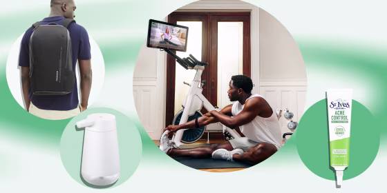 Illustration of the Amazon introduces Smart Soap Dispenser, Man wearing a Troubadour backpack, the St. Ives acne solutions and a lifestyle of the new MYX fitness bike