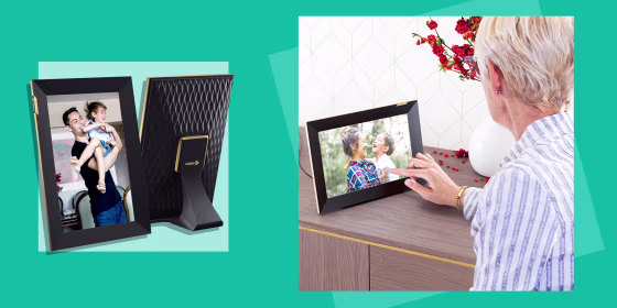 Image of a touchscreen Nixplay Picture Frame and a woman using the touchscreen picture frame. Check out the Nixplay 10.1-inch digital smart photo touchscreen frame. See how the new frame can still be controlled through the Nixplay app, your phone and more