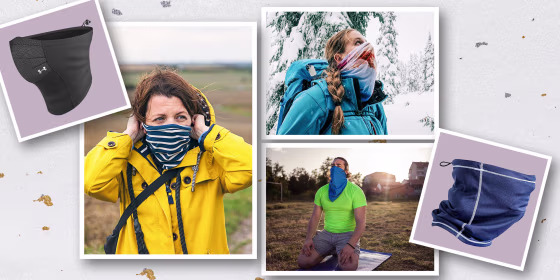 Illustration of a three different people wearing different styles and colors of neck gaiter, and two neck gaiters. While neck gaiters are not the most effective face coverings, experts say gaiters can be used in a pinch in outdoor settings. Shop neck gait