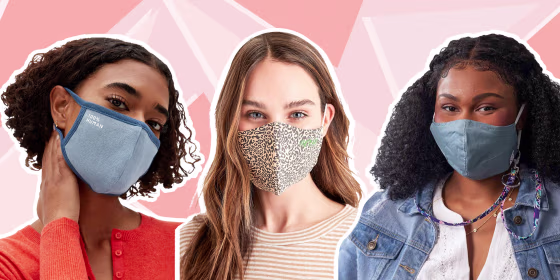 Illustration of a Woman wearing the Aerie Reusable Face Mask, Woman wearing Vera Bradley Non-Medical Cotton Face Masks and another Woman wearing the Everlane The 100% Human Face Mask