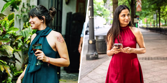 Smiling woman holding drink walking into backyard during family dinner party and Portrait of woman with her phone in a silk red halter dress