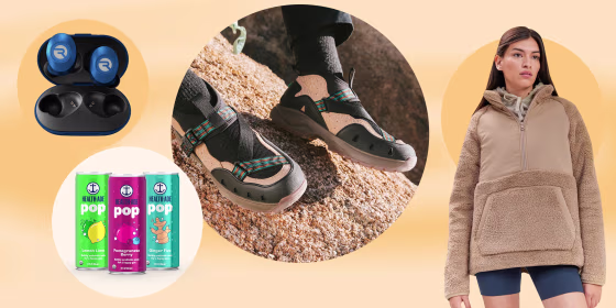 Illustration of a Woman wearing a jacket from Girlfriend Collective, lifestyle of someone wearing Teva Revive '94 Mid shoe, 3 bottles of the new flavors from Health-Ade and RAYCON Everyday Earbuds