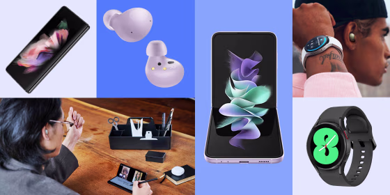 Illustration of the new Samsung Watch, Samsung phone phones and headphones, a Man using the new Samsung phone that folds and a Man with the new Samsung watch