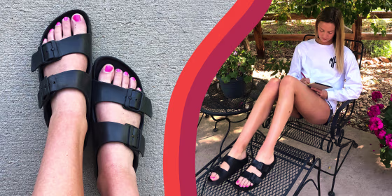 Two images of Writer Megan Foster wearing black Birkenstock Arizona EVA Sandals