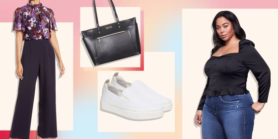 Illustration of a Jumpsuit, a Woman wearing a black top, pair of white sneakers and a bag all on sale at T.J. Maxx