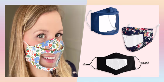 Illustration of a Woman wearing a floral clear face mask and three different style and colors of clear face masks