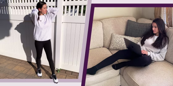 Two images of Writer Jillian Ortiz wearing black Uniqlo Airism UV Protection Soft Leggings