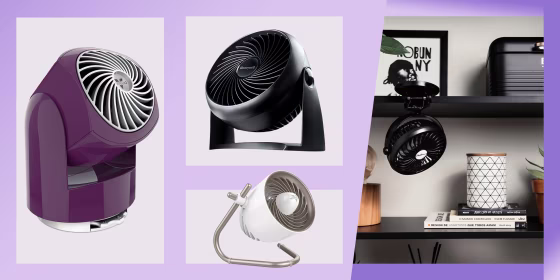 Illustration of three different styles and colors of desk fans and a lifestyle of a fan on someones desk