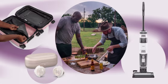 Illustration of Bang & Olufsen debut Beoplay EQ earbuds, pink Polycarbonate Flex Suitcase, two men wearing the Made In and Tecovas Grill Collection, and the Tineco new floor washer