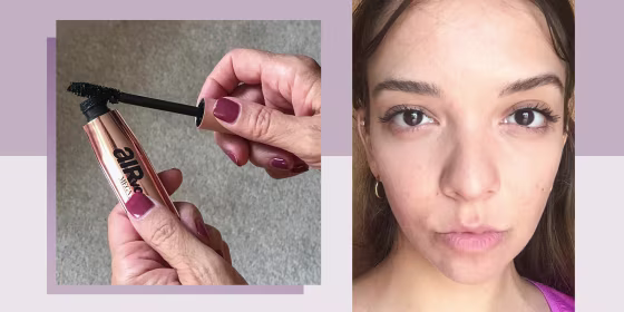 Two images of Writer Cailey Rizzo wearing L'Or?al Mega Mascara and holding the mascara brush
