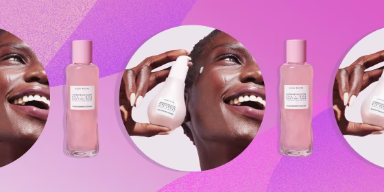Illustration of a Woman holding up a bottle of Glow Recipe Watermelon Glow Niacinamide Dew Drops and a bottle of Glow Recipe Watermelon Glow PHA + BHA Pore-Tight Toner