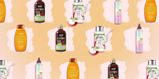 Illustration of four different Apple Cider Vinegar shampoo bottles