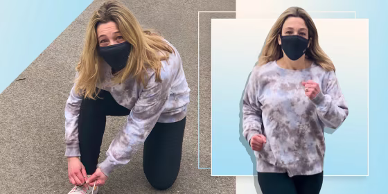 Writer Rachel Abrahamson in two images running with the UA Sportsmask