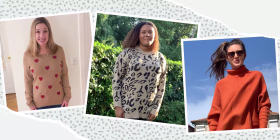 Image of writers Kamari Stewart, Rachel Abrahamson and Katie Jackson wearing three different sweaters from Amazon