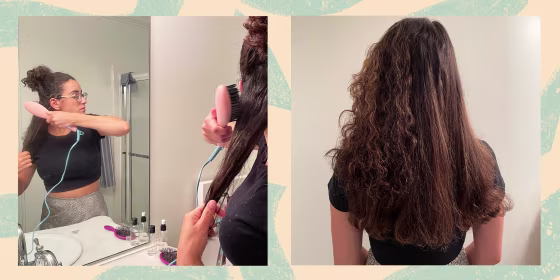 Two images of Writer Jillian Ortiz using a Flower Ceramic Hair Straightening Brush that brushes and straightens at the same time